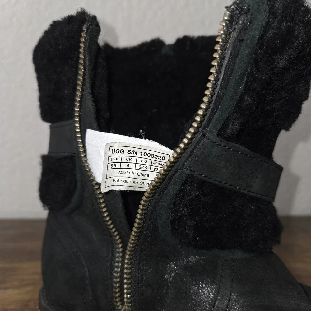 UGG Simmens Boot Women 5.5 Black Waterproof Leather Shearling Moto 1008220